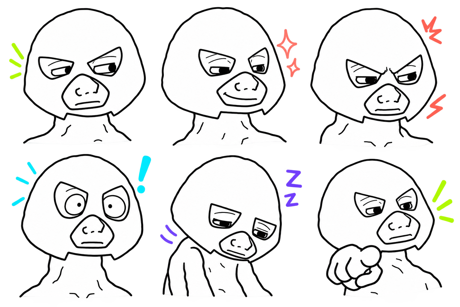Six hand-drawn JUGJAK poses and emotions